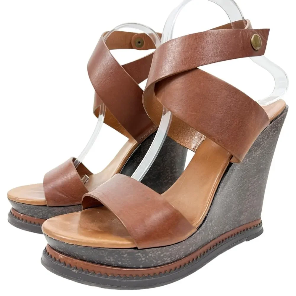 Diane Von Furstenberg Omni Ankle Wrap Platform Wedge Sandals Brown Size 9.5